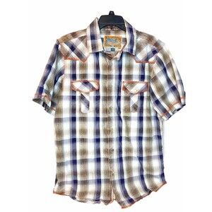 Petrol Industries Men's Short Sleeve Large Orange black White  Shirt Plaid